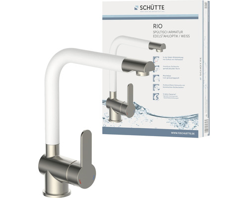 Schütte Rio Küchenarmatur in Edelstahloptik und Weiß vor Produktverpackung