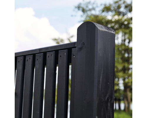 Detailansicht eines Gartenzauns aus Holz mit Pfosten