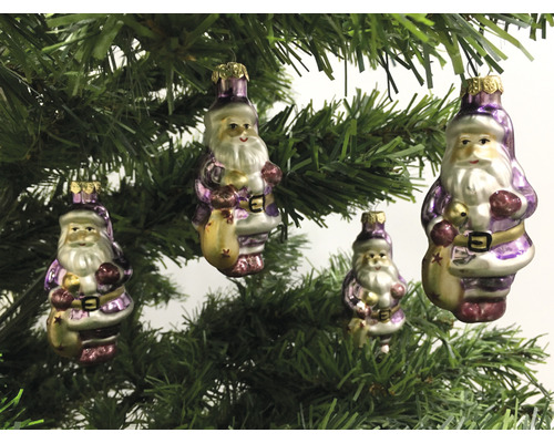 Weihnachtsbaumschmuck, vier Weihnachtsmannfiguren mit Sack
