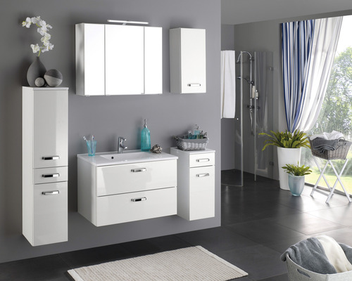 Modernes Badezimmer mit weißen Möbeln, Waschtisch, Spiegelschrank und Dusche