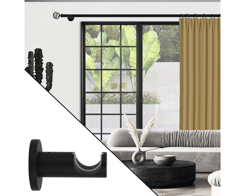 Wohnraum mit Gardinenstange, Vorhang und Gardinenstangenhalterung