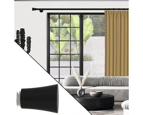 Gardinenstange mit Vorhang und Endstück in einer Wohnzimmerszene.