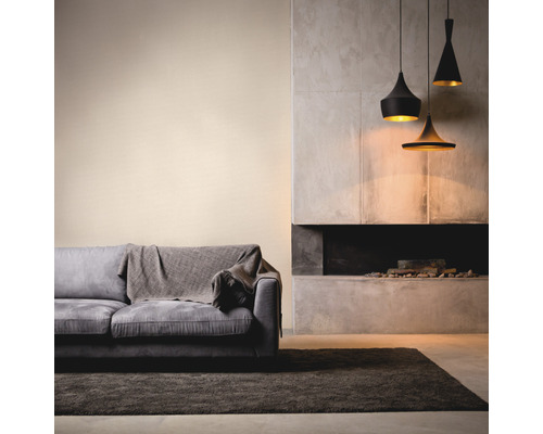 Wohnzimmer mit Sofa, Teppich, Kamin und Pendelleuchten