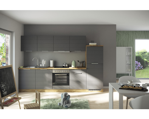 Moderne Küche mit grauen Schränken und hölzernen Arbeitsplatten in einem hellen Raum.