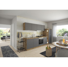 Heller Raum mit Einbauküche in Grau und Holzoptik, Esstisch und Wohnbereich