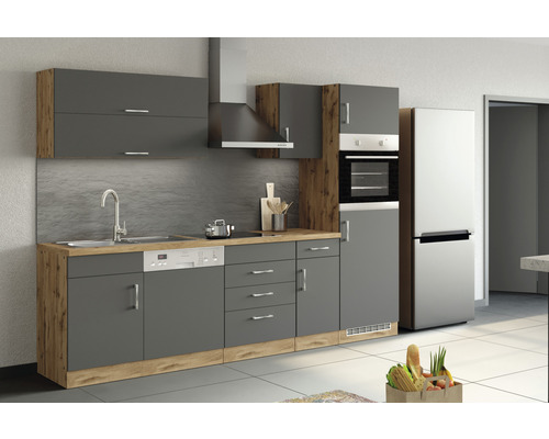 Komplette Küche mit Spüle, Geschirrspüler, Herd, Backofen, Dunstabzugshaube und Kühlschrank in modernem Design