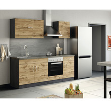 Küchenzeile mit Spüle, Kochfeld, Backofen, Dunstabzugshaube und Kühlschrank in einer hellen Küche