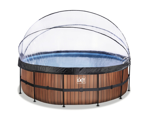 Rundes Schwimmbecken mit Holzverkleidung und transparenter Abdeckung