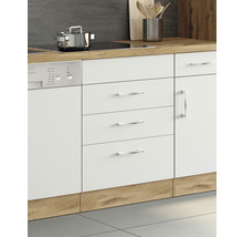 Küchenzeile mit weißen Fronten, Schubladen und Geschirrspüler