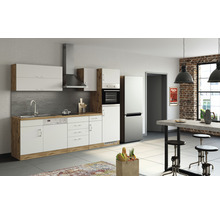 Moderne Küche mit weißen Schränken, Spüle, Geschirrspüler, Dunstabzugshaube und Kühlschrank.