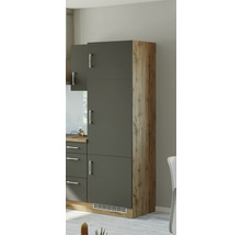 Hoher Küchenschrank in grauer und Holzoptik mit mehreren Türen.