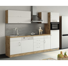 Komplette Küche mit Spüle, Geschirrspüler, Herd, Backofen, Dunstabzugshaube und Kühlschrank.