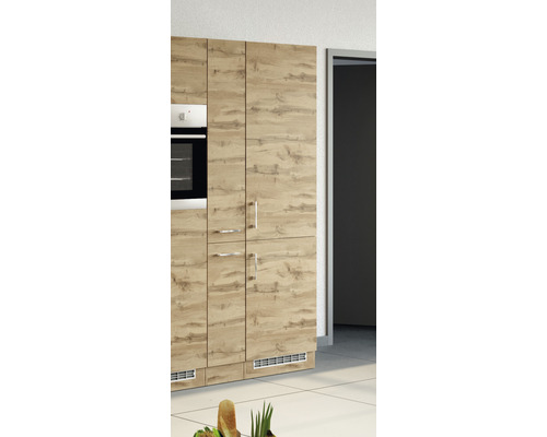 Küchenschrank mit Holzstruktur und Ofen