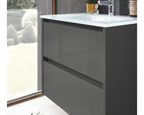 Grauer Waschtischunterschrank mit zwei Schubladen und Glaswaschtisch