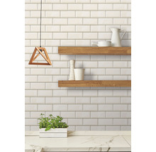 Wandfliesen im Metro-Stil mit Holzregalen, Hängelampe und Kräutern auf der Arbeitsplatte