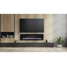 Wohnzimmer mit Fernseher, elektrischem Kamin und Aufbewahrungsmöbeln