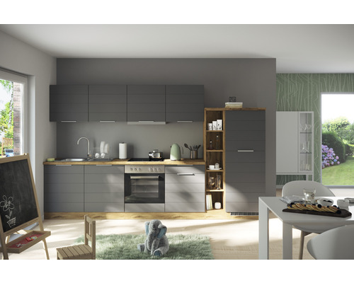 Moderne Küche mit grauen Fronten und Holzelementen in einem hellen Raum.