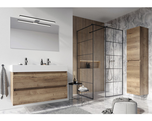 Modernes Badezimmer mit Waschtisch, Spiegelschrank, Duschkabine und Hochschrank in Holzoptik