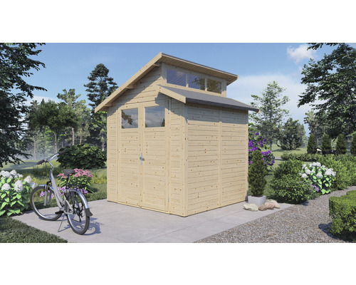 Gerätehaus Konsta Studio Basic mit Fußboden 246 x 240 cm natur exclusiv bei Hornbach Holzgartenhaus mit Fenstern und Fahrrad im Garten