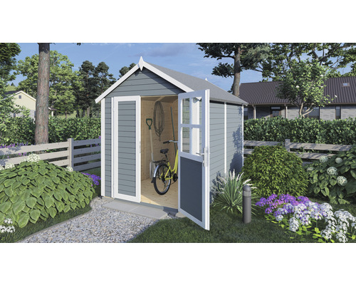 Gerätehaus Konsta Fino 2 mit Fußboden 201 x 253 cm hellgrau exclusiv bei Hornbach Gartenhaus mit geöffneter Tür, darin ein Fahrrad und Gartengeräte.