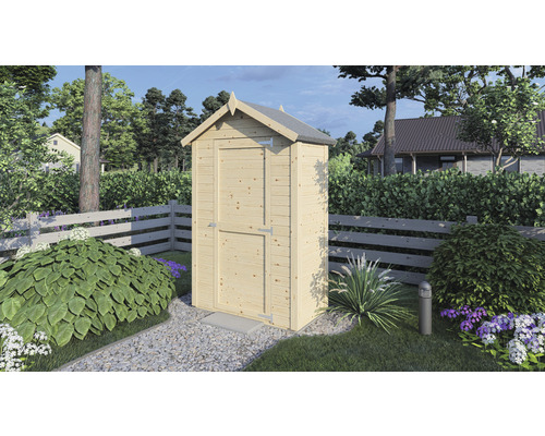 Wandhaus Cabin mit Fußboden 134 x 86 cm natur exclusiv bei Hornbach Holzgartenschrank mit Tür vor Garten