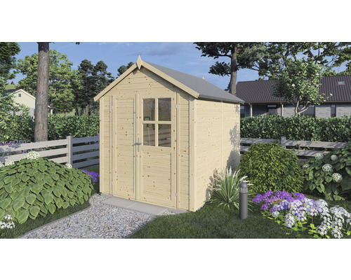 Gerätehaus Konsta Fino 2 mit Fußboden 201 x 253 cm natur exclusiv bei Hornbach Gartenszene mit Holzgartenhaus mit Fenster und Doppeltür