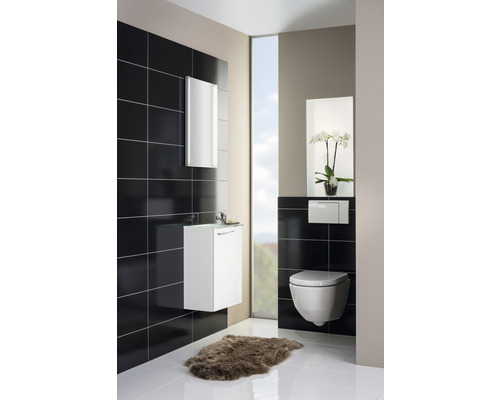 Modernes Badezimmer mit Waschtischunterschrank, Spiegel, hängendem WC und Teppich