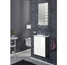 Badezimmer mit Waschtisch, Spiegel, Toilette und Dekoration in dunklen Farbtönen.