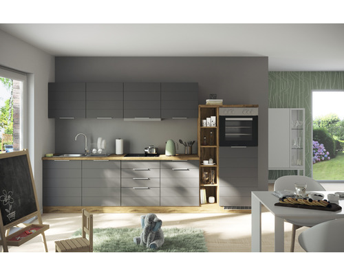 Moderne Küche mit grauen Schränken und Holzelementen