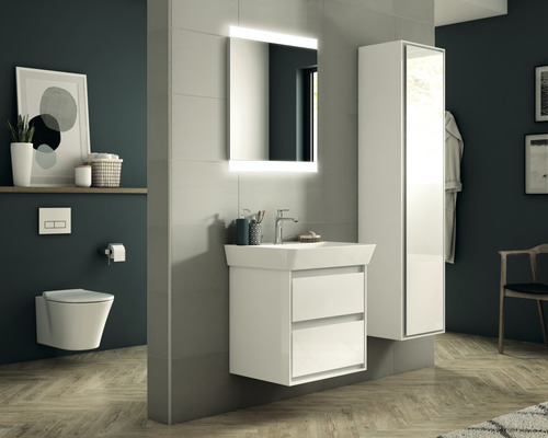 Modernes Badezimmer mit Waschbeckenunterschrank, Spiegelschrank, wandhängendem WC und Stauraum