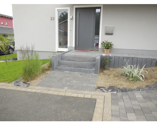 Eingangsbereich eines Hauses mit gepflastertem Weg und Treppe