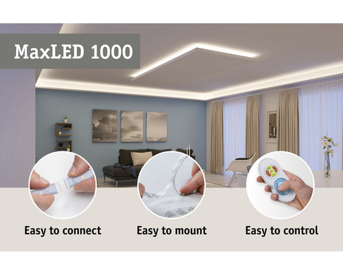 MaxLED 1000 LED-Streifen im Wohnzimmer mit einfacher Verbindung, einfacher Montage und einfacher Steuerung