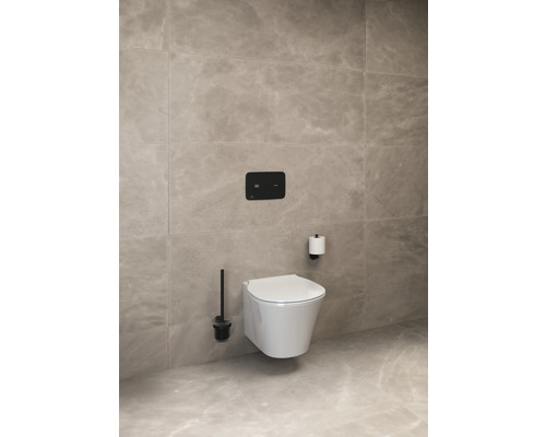 Hänge-WC mit Betätigungsplatte, Toilettenbürste und Toilettenpapierhalter im Badezimmer.