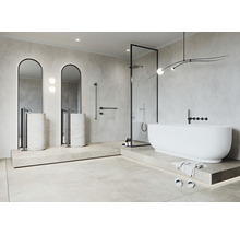 Modernes Badezimmer mit freistehender Badewanne, Waschtischen und Dusche hinter Glas