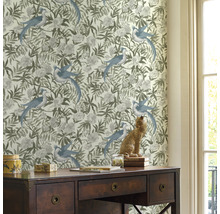 Tapete mit Vogel- und Blumenmuster im Interieur