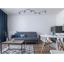Wohnzimmer mit Sofa, Tisch, Stuhl und Deckenleuchte mit sechs Strahlern