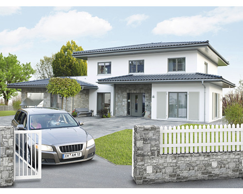 Einfamilienhaus mit Einfahrtstor und Zaun