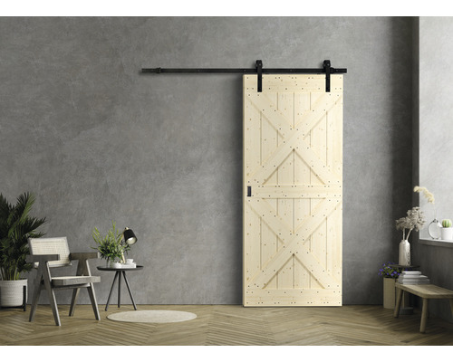 Schiebetür-Komplettset Barn Door Motiv X Fichte 79x210 cm inkl. Türblatt,Schiebetürbeschlag und Griff-Set