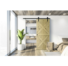 Schlafzimmer mit Schiebetür im Scheunenstil, Holzboden und Pflanze