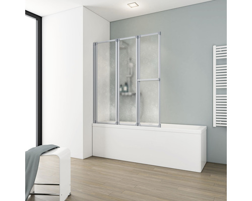 Badewannenfaltwand Schulte 3-teilig 1268x1400 mm Dekor Softline Hell alunatur Badezimmer mit Badewanne und Duschwand
