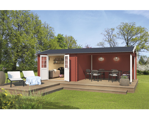 Gartenhaus Amarillo inkl. Seitliche Überdachung 710 x 330 cm schwedischrot Gartenhaus mit Terrasse, Gartenmöbeln und geöffneten Türen