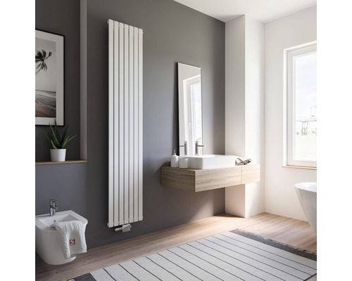 Modernes Badezimmer mit Handtuchheizkörper, Waschbecken, Spiegel und Bidet für eine helle und freundliche Atmosphäre