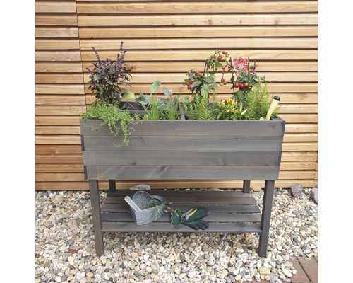 Hochbeet aus Holz mit Kräutern und Gemüse bepflanzt