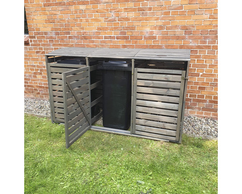 Mülltonnenbox aus Holz mit zwei Mülltonnen