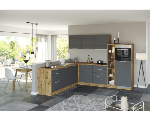 Moderne Küche mit grauen Schränken und Holzelementen, inklusive Esstisch und Stühlen