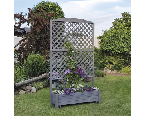 Holzspalier mit Pflanzkasten und blühenden Pflanzen im Garten