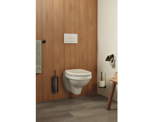 Modernes Badezimmer mit Wand-Tiefspül-WC, Betätigungsplatte, WC-Bürste und Handtuchhalter