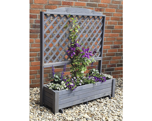 Pflanzkasten mit Rankgitter und blühenden Pflanzen vor einer Backsteinmauer