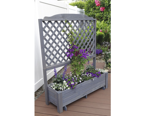 Blumenkasten aus Holz mit Rankgitter im Garten