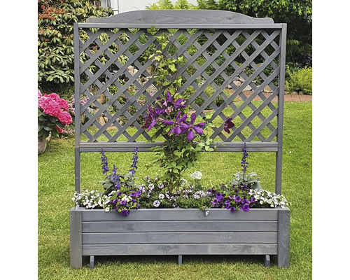 Blumenkasten mit Rankgitter und Bepflanzung im Garten